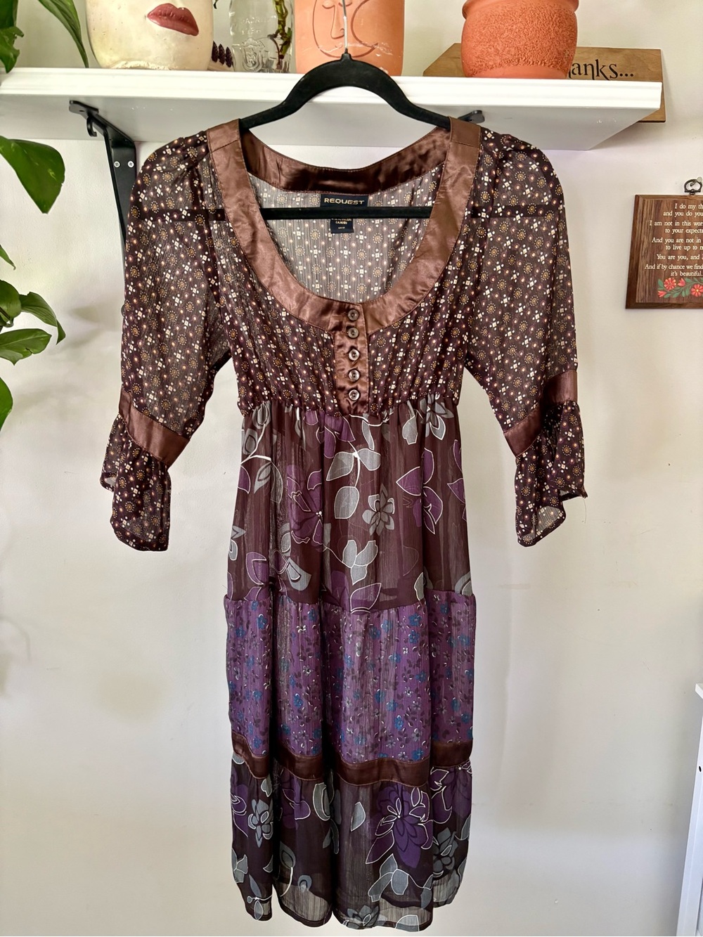 Request Brown and Purple Floral Tiered Midi Dress with Satin Trim